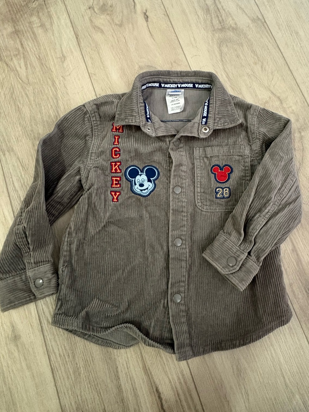Disney Gray Corduroy Mickey Button-Front Shirt with Red Patch Accents